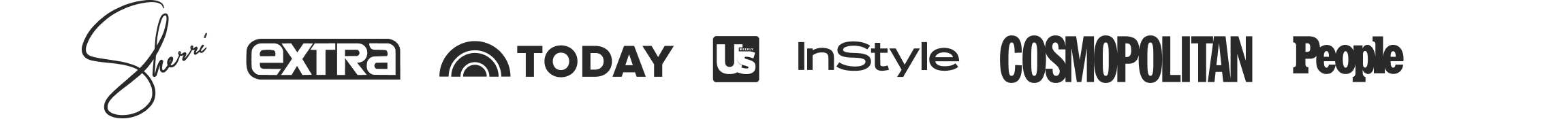 Media logos including Sherri, Extra, Today, Us Weekly, InStyle, Cosmopolitan, and People
