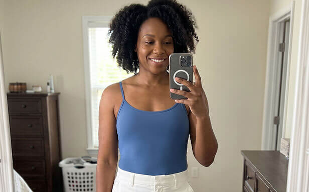 Customer wearing Shapermint blue tank top
