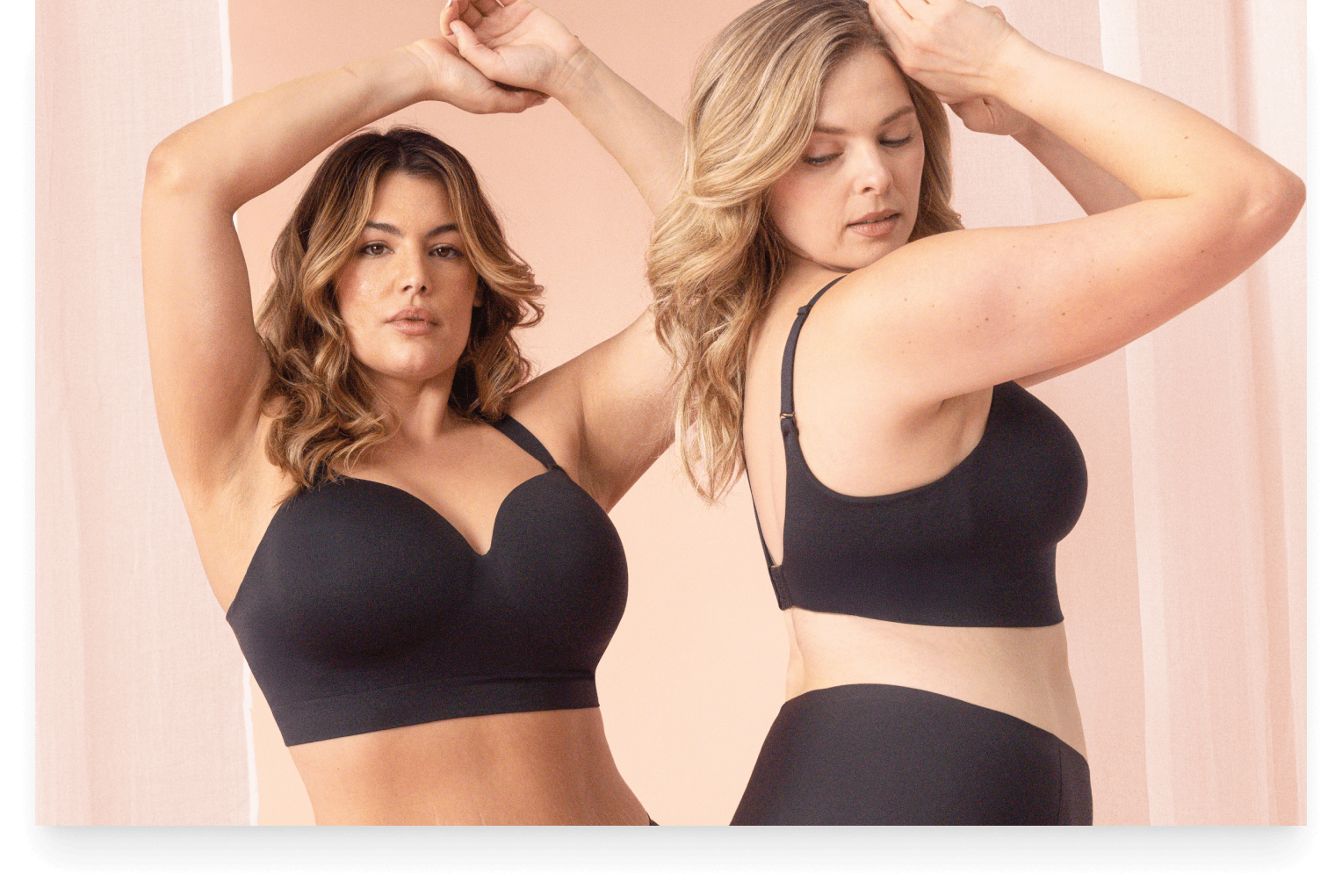 Two women wearing Shapermint bras against a soft pink background