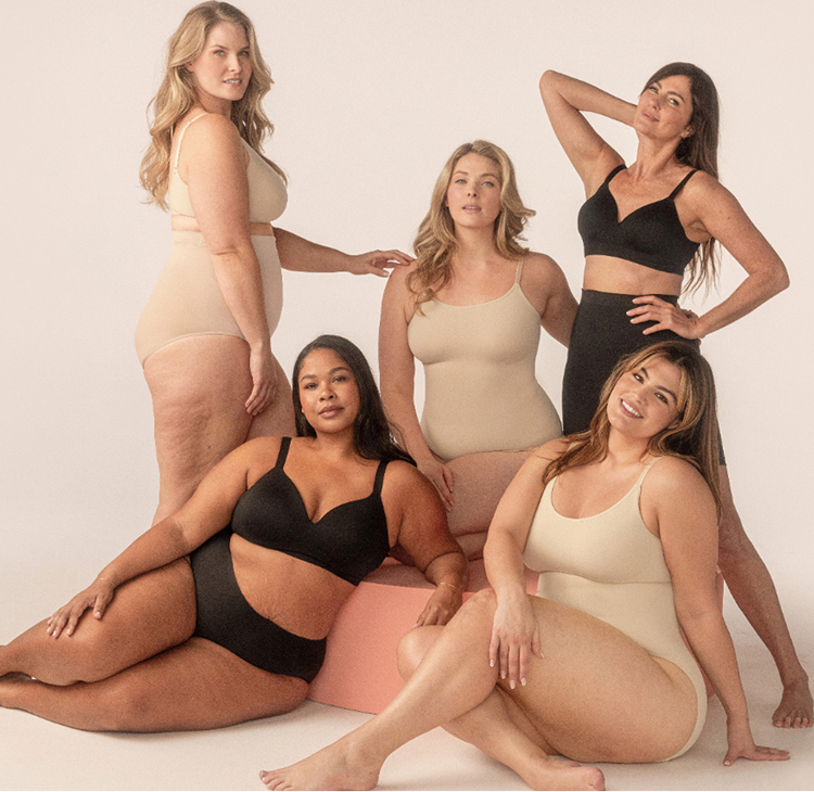 Five women of different sizes wearing Shapermint Essentials shapewear