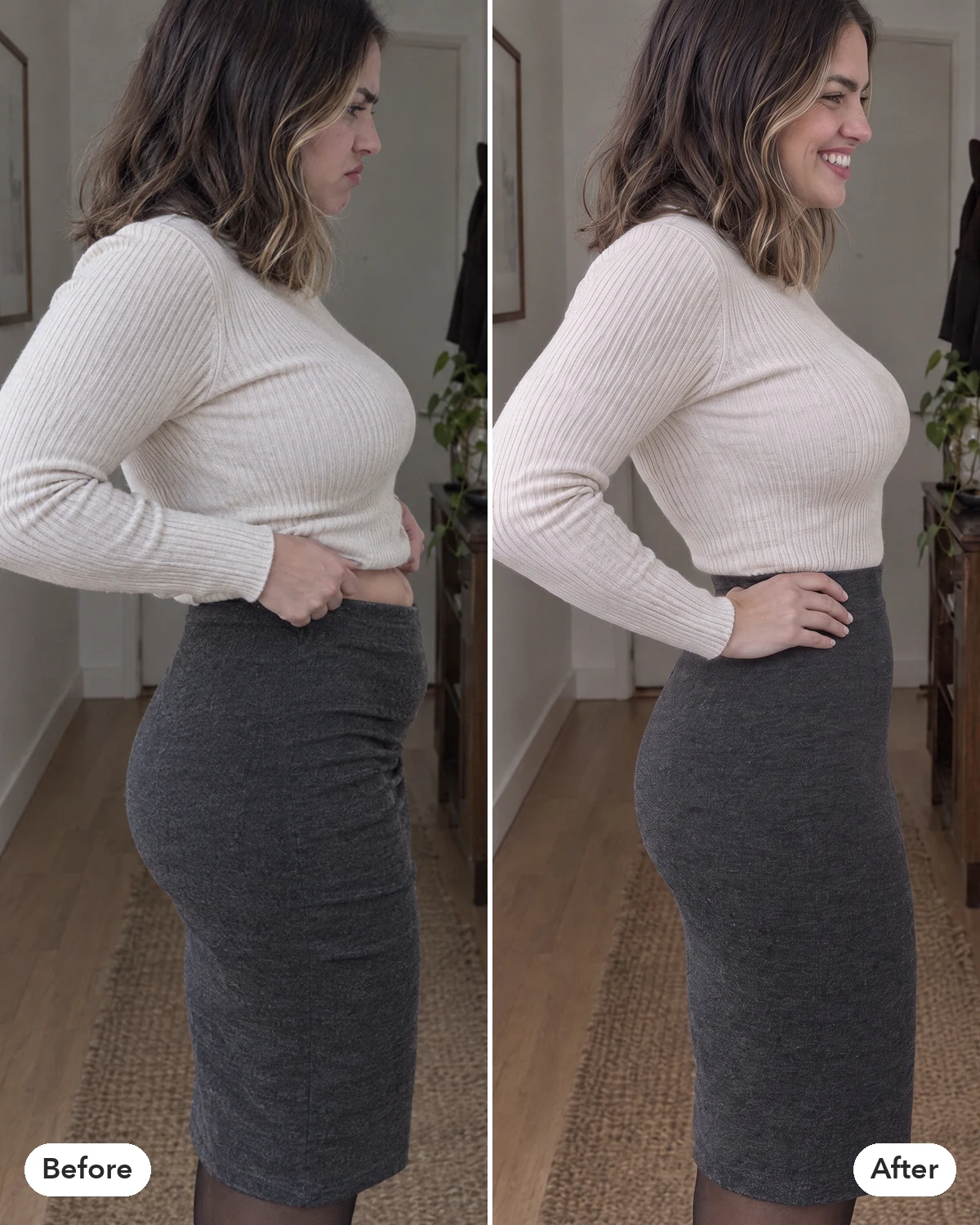Before and after: the same fitted high-waisted skirt without shapewear and with the Shapermint High-Waisted Shaper Panty underneath