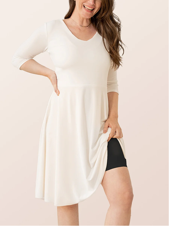 Model revealing High-Waisted Shaper Shorts under dress