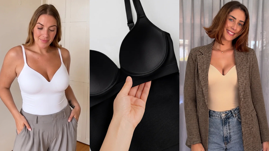 Shapermint Sweetheart Built-In Bra Shaper Cami — worn on its own, a close-up of the built-in bra, and layered under a blazer