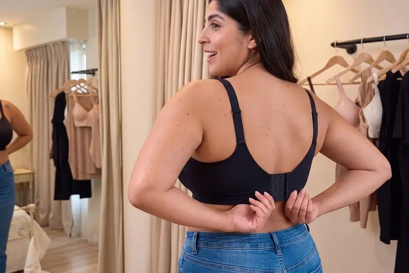 Plus size woman adjusting the wide back band of a wireless shaping bra
