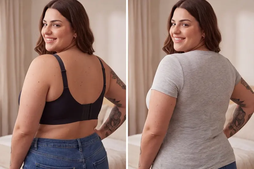 Truekind Supportive Comfort Wireless Shaping Bra on a plus size body showing band width and back