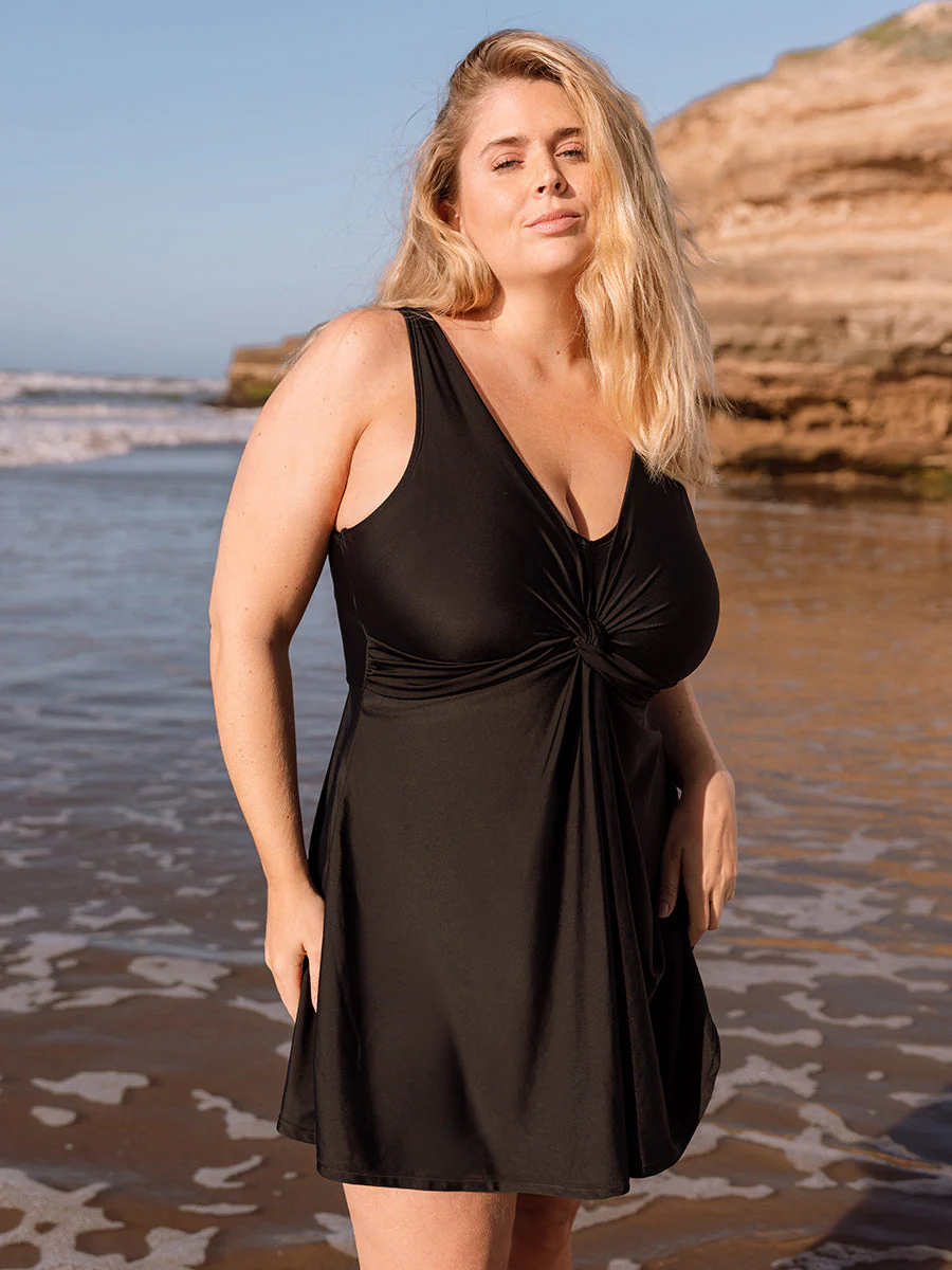 Swim Knot-Front Swim Dress Black