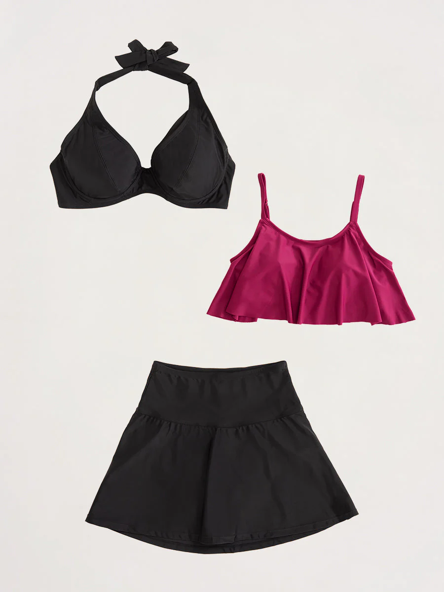 Bundle 1 Halter Bikini Top + 1 Ruffled Bikini Top + 1 Swim Skirt