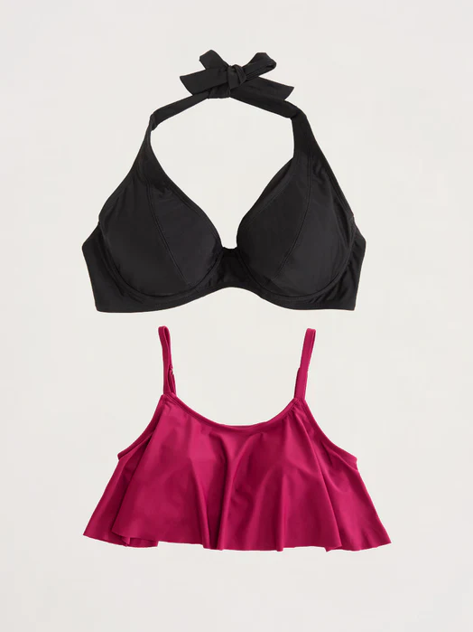 Bundle Halter Bikini Top + Ruffled Bikini Top black and dark pink