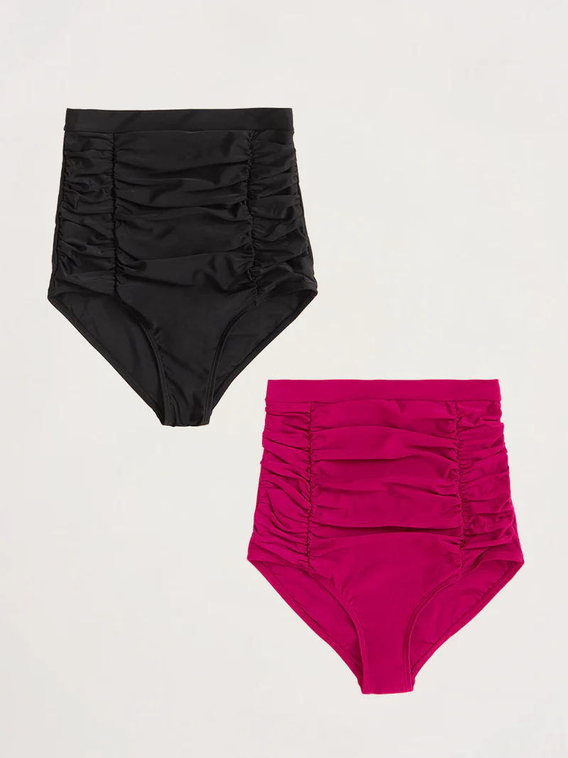2-Pack High-Waisted Control Bikini Bottom Black and Dark Pink
